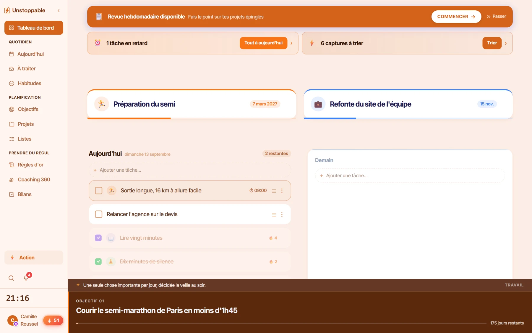 Le tableau de bord d'Unstoppable : les projets épinglés, les tâches du jour et les habitudes cochées