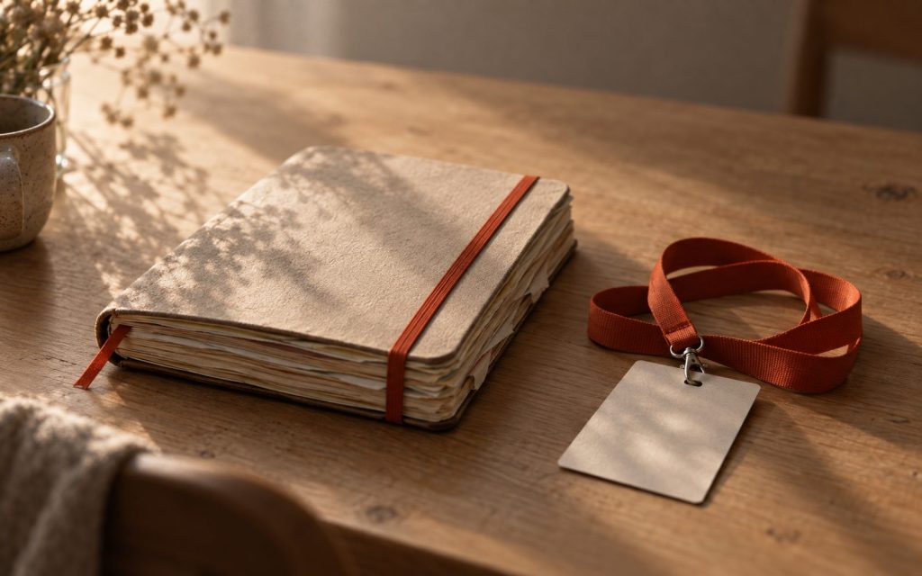 Un carnet fermé aux pages gondolées et un cordon de badge de conférence, posés sur une table