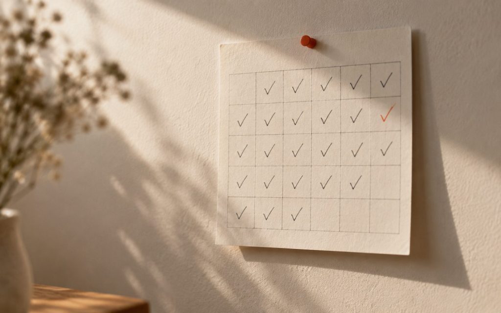 Un calendrier de papier punaisé au mur, dont presque toutes les cases sont cochées à la main