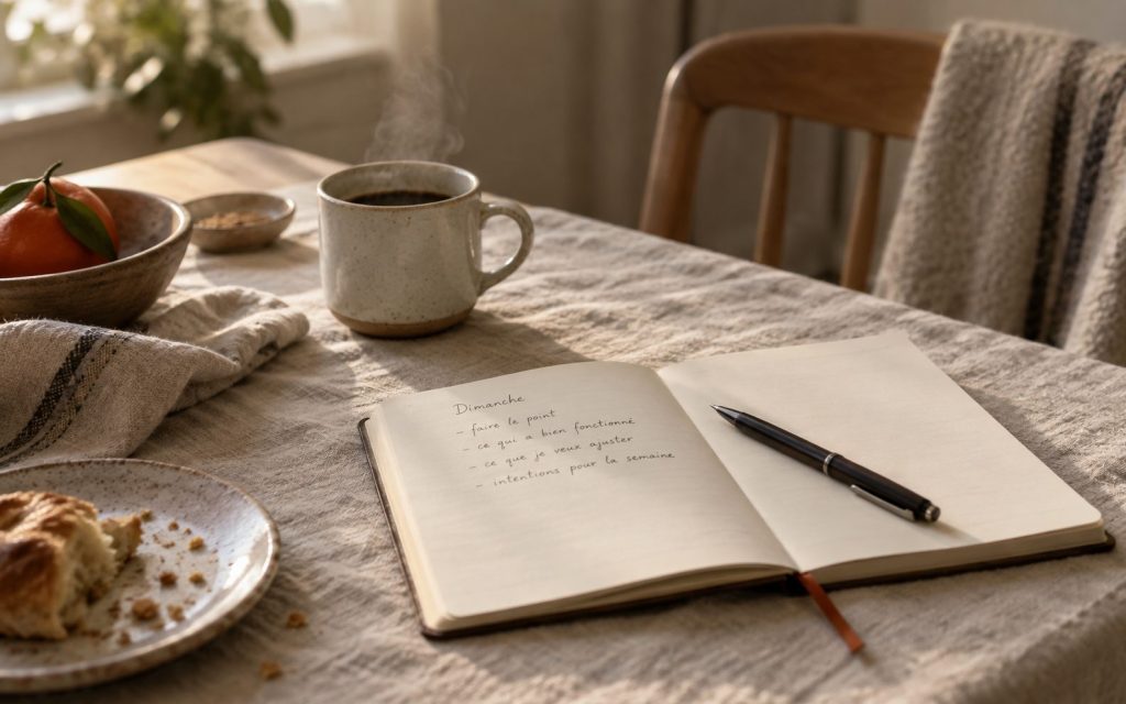 Une table de petit déjeuner du dimanche, une tasse de café et un carnet ouvert