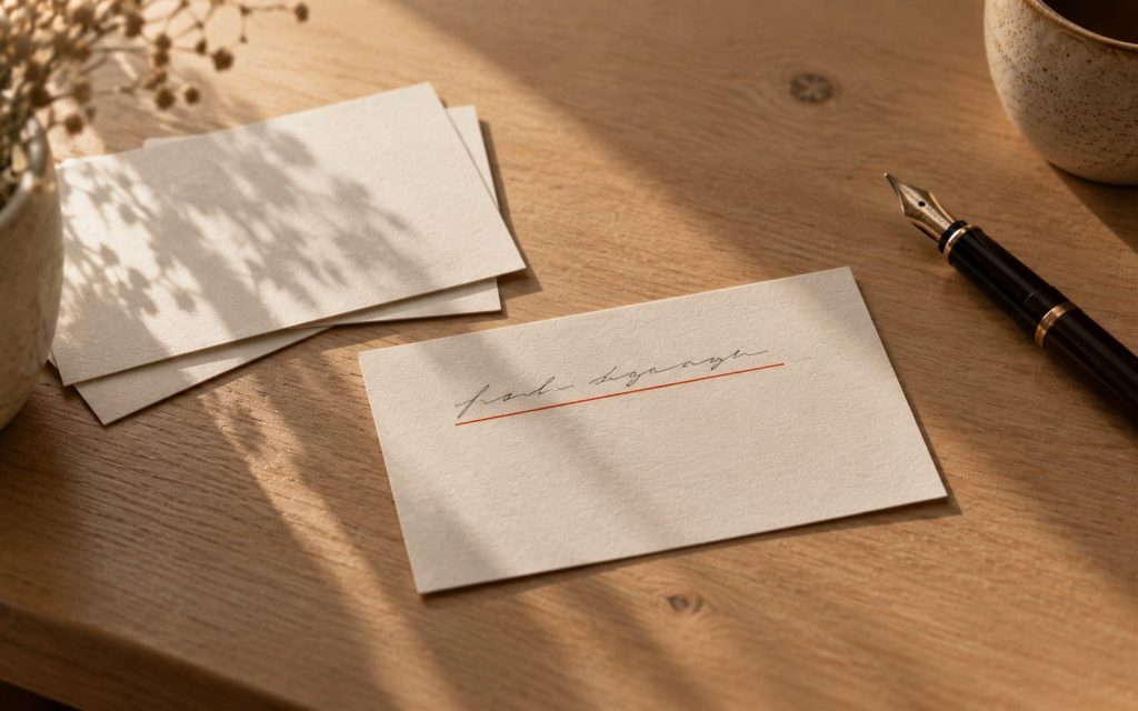 Une fiche bristol portant une seule phrase soulignée, sur un bureau de bois clair