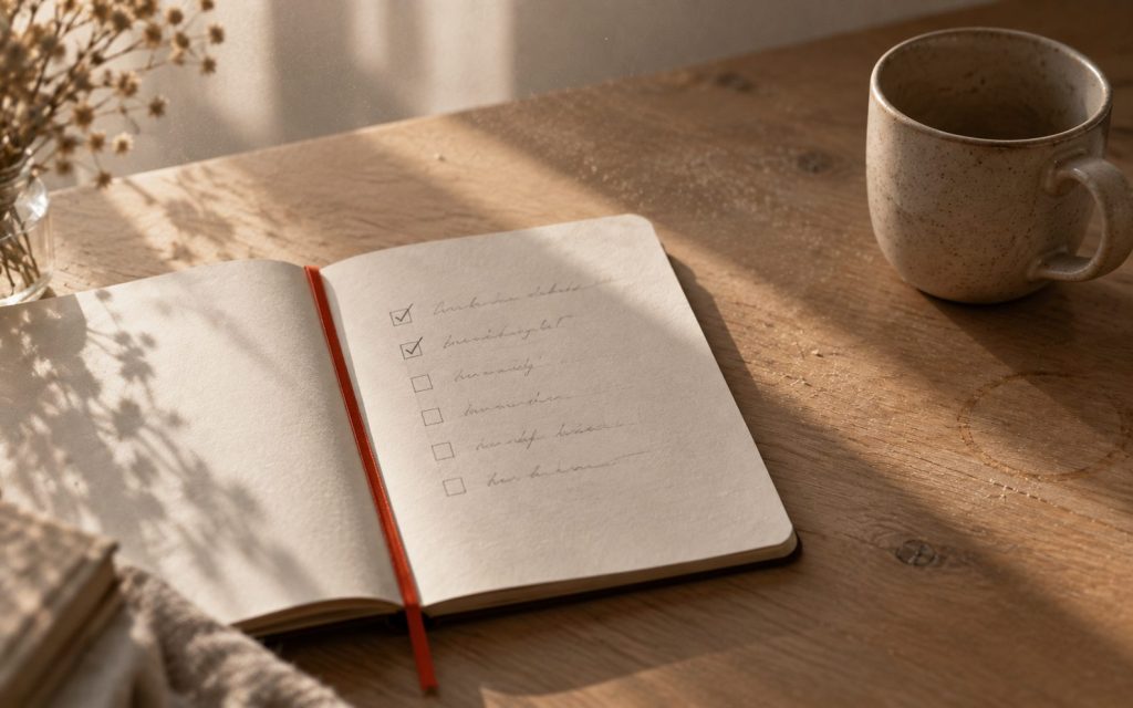 Un carnet ouvert sur une liste dont seules les premières lignes sont cochées, dans une lumière d'hiver