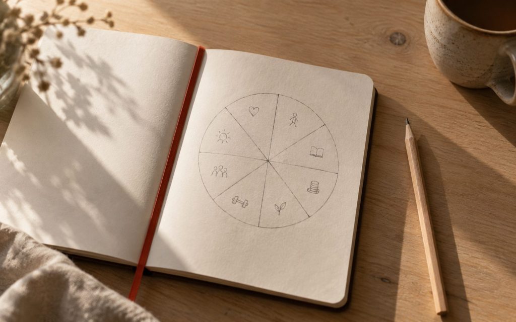 Un carnet ouvert sur une roue de la vie tracée à la main, un crayon et une tasse posés à côté